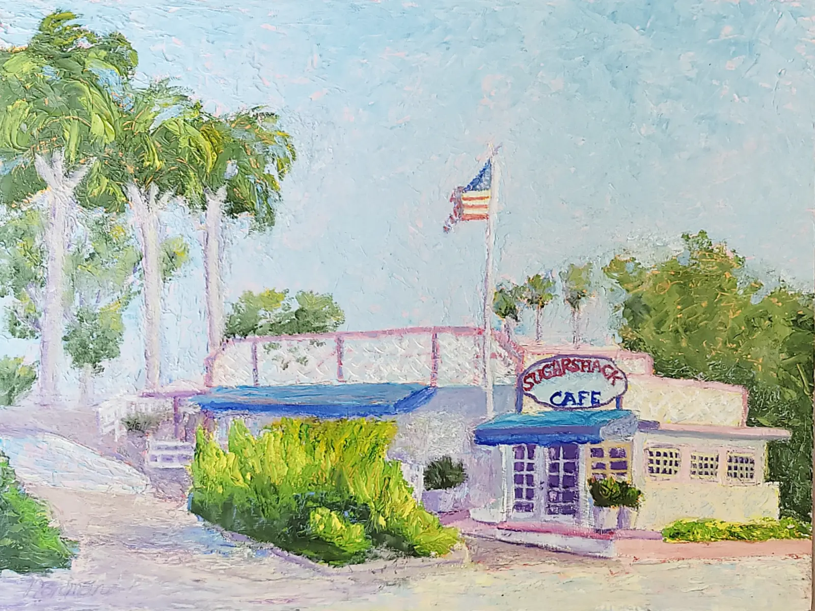 Impressionist oil painting of the Sugar Shack Cafe building with tall palm trees, an American flag and a blue awning under a soft blue sky