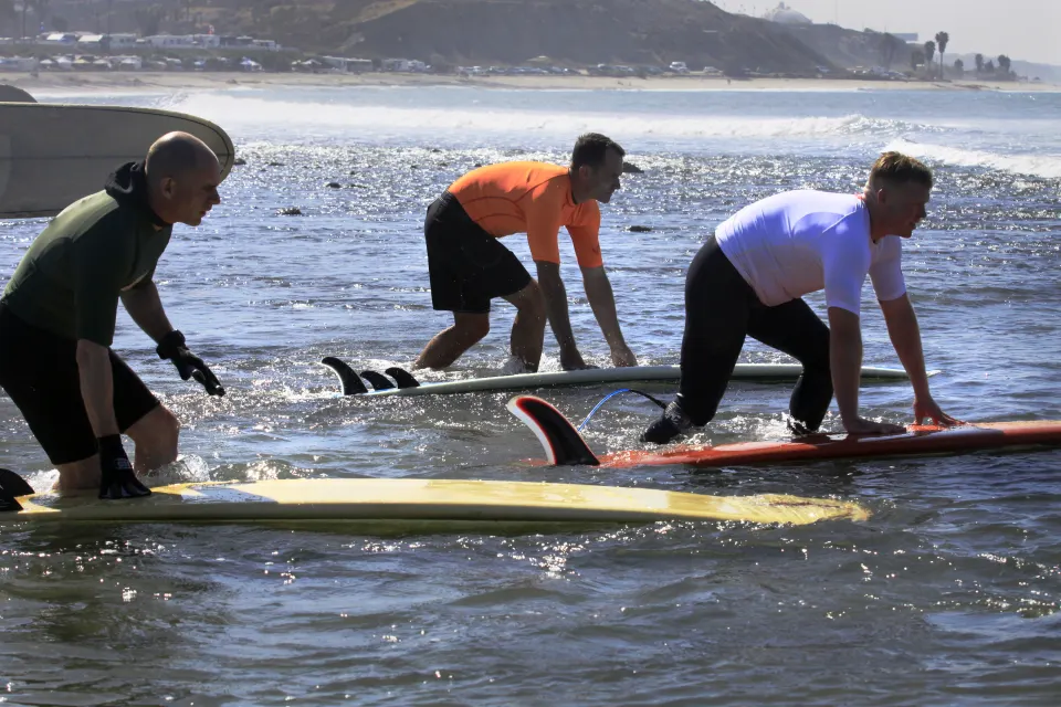Longboarders paddling out at San Onofre State Beach
