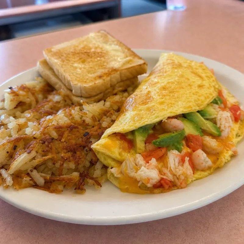 Krab Meat, Shrimp, Tomato, Avocado & Cheese Omelette