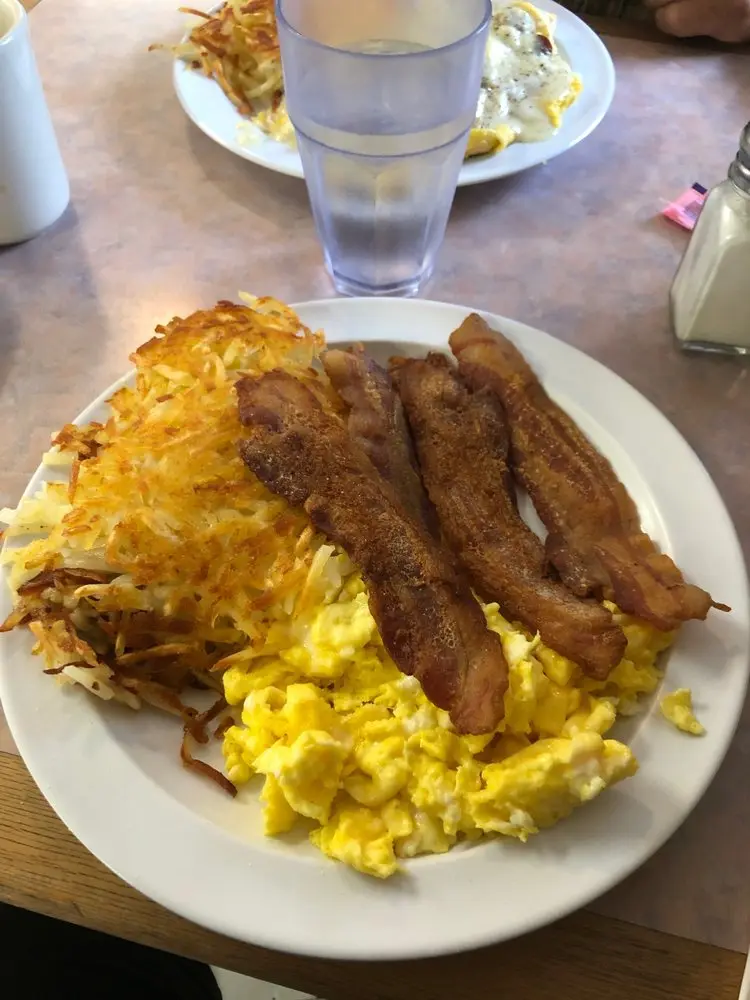 Plate of crispy bacon, scrambled eggs and golden hash browns
