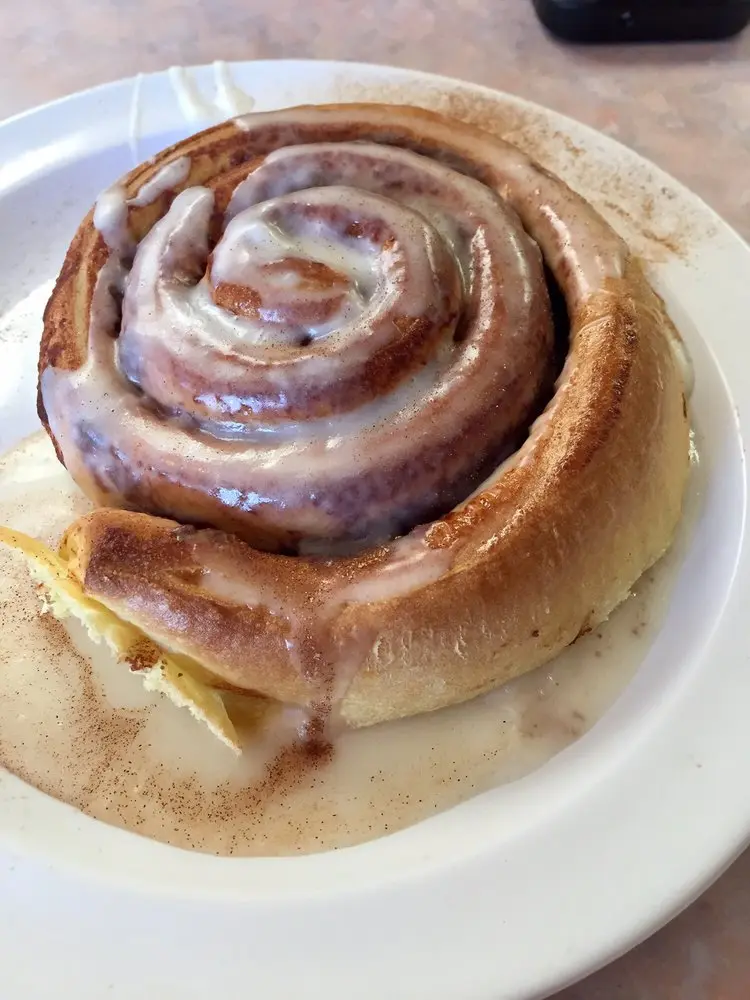 Large glazed cinnamon roll dusted with cinnamon on a white plate